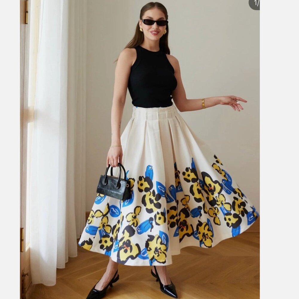 ZARA WOMAN PRINTED PLEATED SKIRT Blue Ecru yellow Multicolor 2963/143 M NWT
